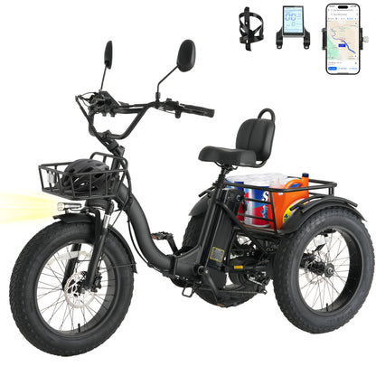 Adult Electric Tricycle, 749W Motor, 54.6V 13Ah Battery, 20 X 4 Inch Folding Fat Tire 3-Wheel Electric Trike, 20 MPH, Hydraulic Brakes, Rear Basket And Differential