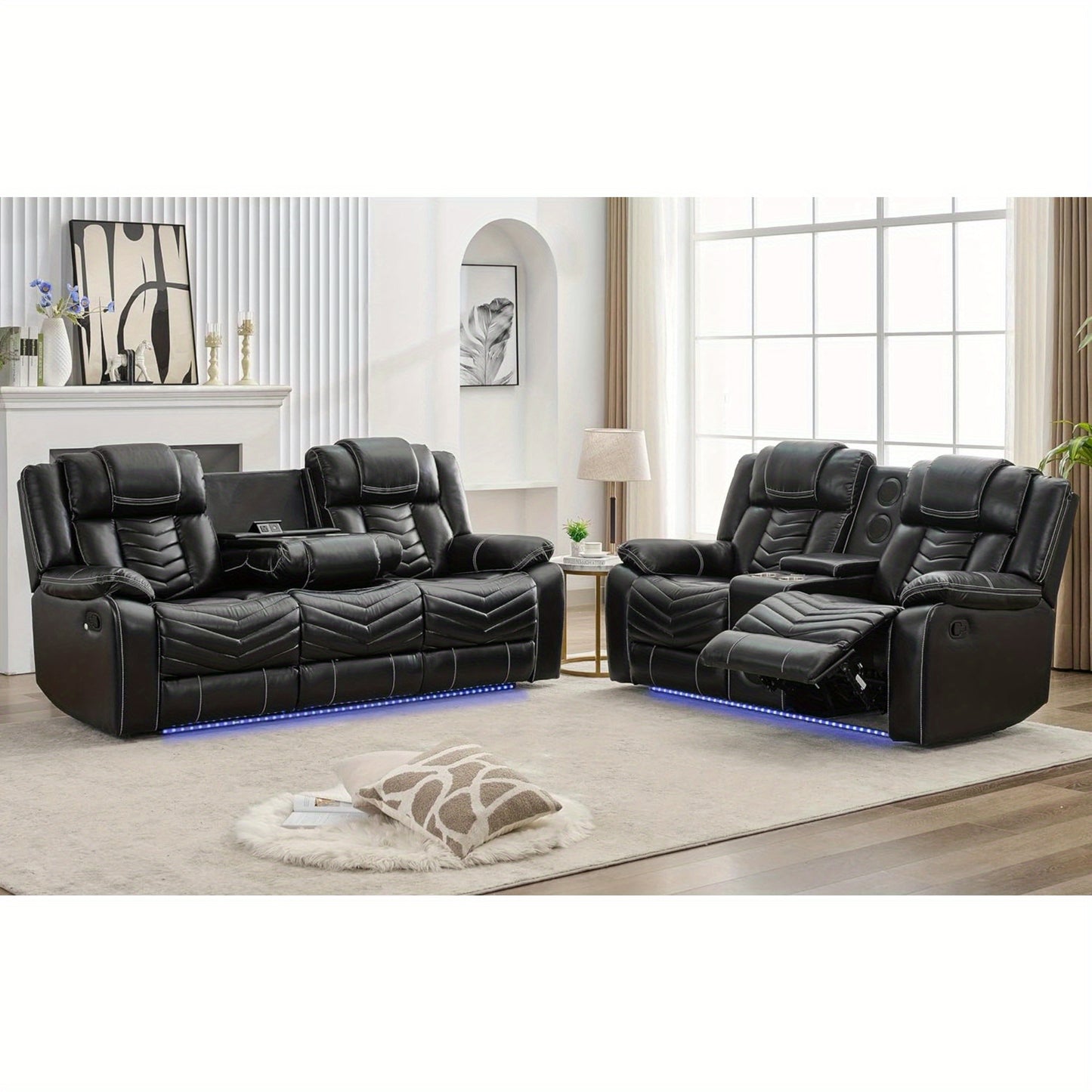 Manual Recliner Sofa Set with Wireless Charger for Living Room, Faux Leather 3 Seater Reclining Sofa and Loveseat Seating Couch with Bass Speakers, LED Lights.