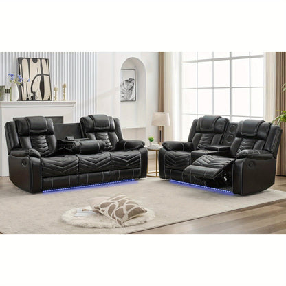 Manual Recliner Sofa Set with Wireless Charger for Living Room, Faux Leather 3 Seater Reclining Sofa and Loveseat Seating Couch with Bass Speakers, LED Lights.