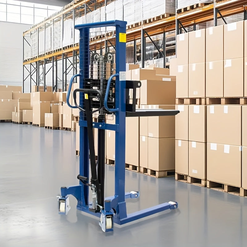 Industrial Heavy-Duty 2200lbs Manual Hydraulic Pallet Stacker | Adjustable Lift Height 3.78"-63" | Fixed Legs & Blue Metal Grid Design | Adjustable Forks For Open Bottom/Block Pallets