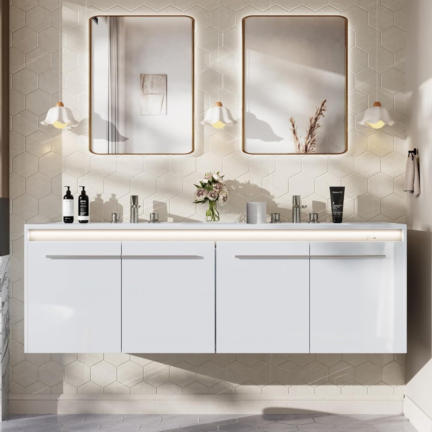 LED Floating Bathroom Double Vanity with Sink Combo, Modern High Gloss Wall Mounted Bathroom Storage Cabinet with 3 Hole Sink&& Metal Handles& Soft Closing Doors