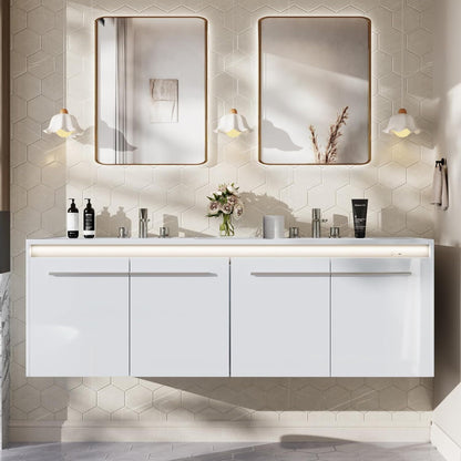LED Floating Bathroom Double Vanity with Sink Combo, Modern High Gloss Wall Mounted Bathroom Storage Cabinet with 3 Hole Sink&& Metal Handles& Soft Closing Doors