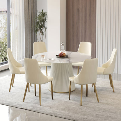53" Circular Dining Table Suitable for 6-8 People (Table Only, Chairs Not Included), Perfect for Dining Rooms Or Kitchens, Featuring a Glossy Sintered Stone Top And a Beige Solid Wood Base, Ideal for Restaurants As Well