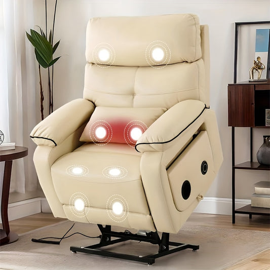 Infinite Position Electric Lift Recliner with Wireless Charger and Cup Holder, Vibration Massage and Heating, Genuine Faux Leather, Beige, Brown Silvery Gray Color Optional