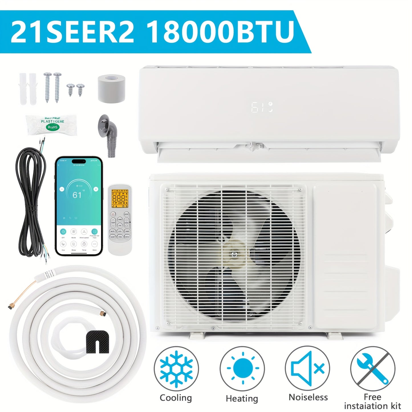18, 000 BTU 21 SEER Mini Split Air Conditioner with Inverter Technology, 230V/ 60Hz Smart Operation, Quiet Cooler & Heater, Perfect for Home