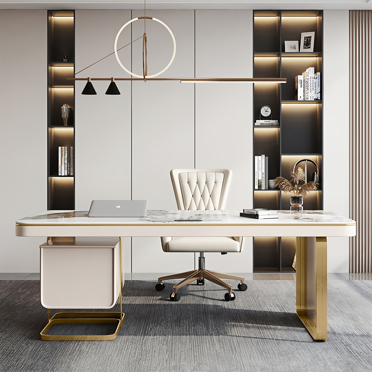 Luxury Marble Top Desk with Golden Frame - Modern Minimalist Writing Table Suitable for Home Office, Study Room, Bedroom, Marble Tabletop & Golden Frame, Assembly, Space-Saving for Small Spaces, Assembly Required