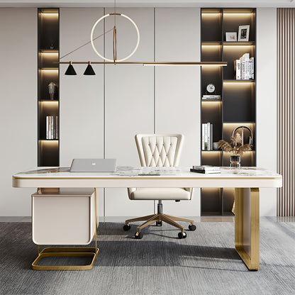Luxury Marble Top Desk with Golden Frame - Modern Minimalist Writing Table Suitable for Home Office, Study Room, Bedroom, Marble Tabletop & Golden Frame, Assembly, Space-Saving for Small Spaces, Assembly Required