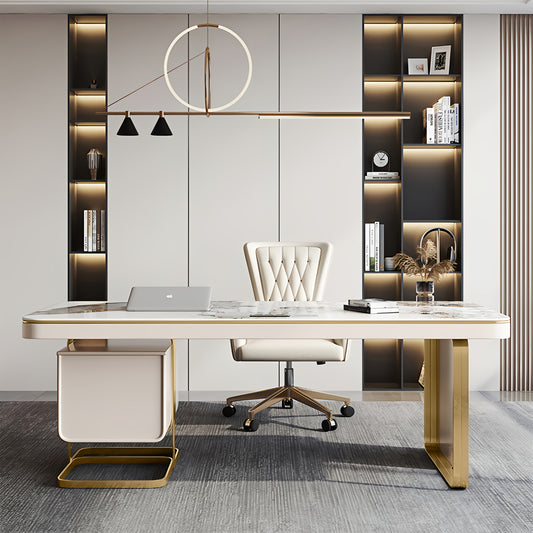 Luxury Marble Top Desk with Golden Frame - Modern Minimalist Writing Table Suitable for Home Office, Study Room, Bedroom, Marble Tabletop & Golden Frame, Assembly, Space-Saving for Small Spaces, Assembly Required