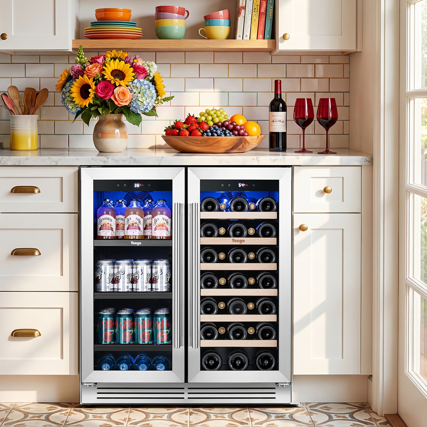 Yeego Wine And Beverage Refrigerator, 30 Inch Dual Zone Wine & Beverage Cooler, 33 Bottles & 80 Cans, Freestanding/Built-in Glass Door with Digital Control & Blue LED Display, 36-72°F Double Door Wine Refrigerator, Ideal for Bar/Home/Restaurant