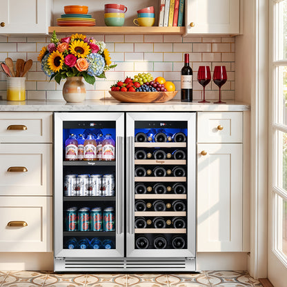 Yeego Wine And Beverage Refrigerator, 30 Inch Dual Zone Wine & Beverage Cooler, 33 Bottles & 80 Cans, Freestanding/Built-in Glass Door with Digital Control & Blue LED Display, 36-72°F Double Door Wine Refrigerator, Ideal for Bar/Home/Restaurant