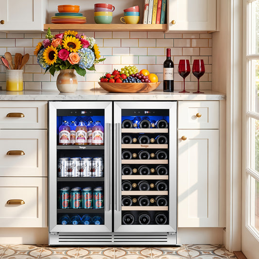 Yeego Wine And Beverage Refrigerator, 30 Inch Dual Zone Wine & Beverage Cooler, 33 Bottles & 80 Cans, Freestanding/Built-in Glass Door with Digital Control & Blue LED Display, 36-72°F Double Door Wine Refrigerator, Ideal for Bar/Home/Restaurant