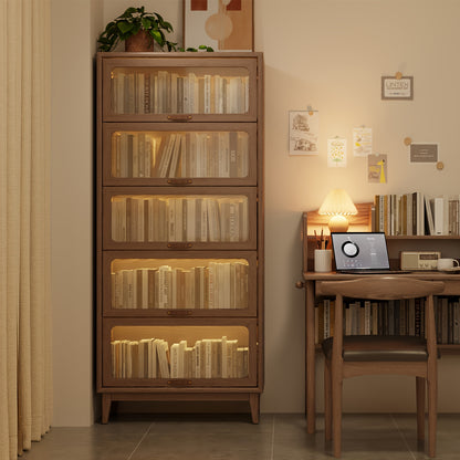 Wooden Bookshelf Multi Layer Bookshelf With Tempered Cabinet Glass Door, Brown Decorative Cube Storage Box, Bookshelf Multi Functional Storage Cabinet, Suitable For Kitchen, Home, Office
