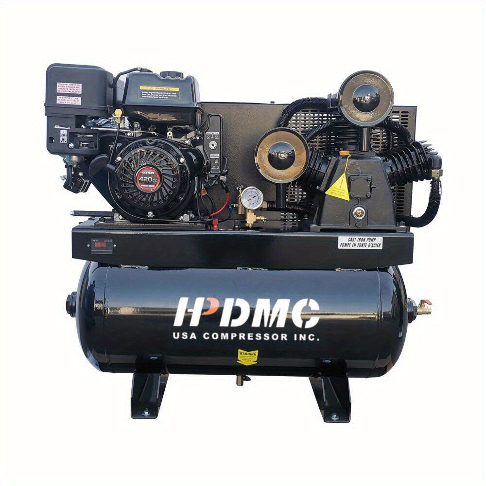 30 Gal Gas Powered Air Compressor 13HP 35CFM Gas Driven Piston Pump Air Compressed System with 125PSI Max. Pressure And ASME Tank for Worksho, Machinery, Construction Sites