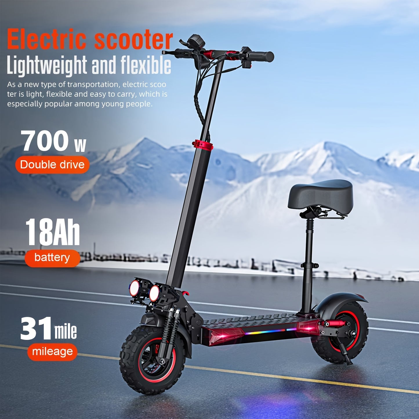 Folding Electric Scooter, 700W Motor, 19 MPH Top Speed, 11-Inch Large Tires, 31-Mile Range, Single Drive, Black and Red, with LED Lights and Seat
