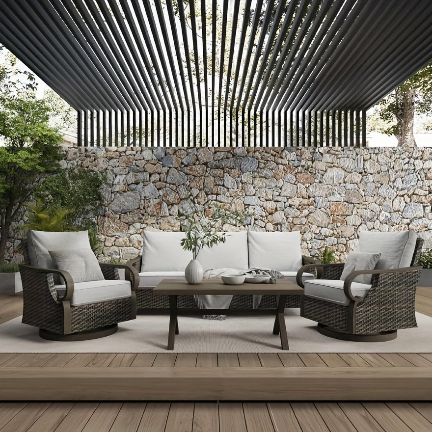 4pcs Frame Wicker Patio Furniture Set with Cushioned Swivel Rocking Chairs & Coffee Table - -Weather Indoor/Outdoor Sofa Suitable for, Deck, Poolside, for Celebrations