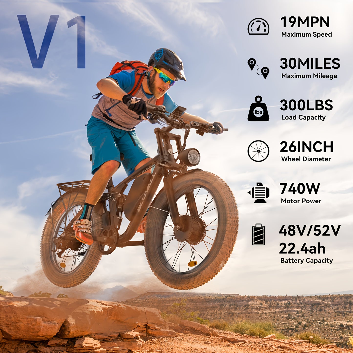 Bluvall 740W Adult Electric Bike with Dual Motor 80NM Torque & 48V/52V 22.4AH Removable Battery - 26" All-Terrain Tire Mountain Bike, 30-Mile Range, 7-Speed, Front/Rear Motor, 15-20MPH Speed, 300lb Capacity, 40-Mile Range, Disc Brakes & Susp