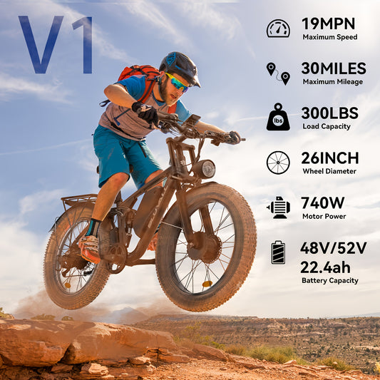 Bluvall 740W Adult Electric Bike with Dual Motor 80NM Torque & 48V/52V 22.4AH Removable Battery - 26" All-Terrain Tire Mountain Bike, 30-Mile Range, 7-Speed, Front/Rear Motor, 15-20MPH Speed, 300lb Capacity, 40-Mile Range, Disc Brakes & Susp
