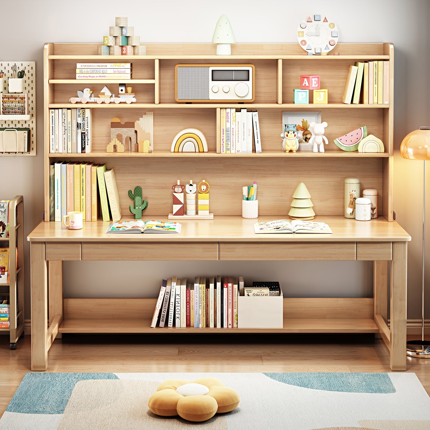 Solid Wood Desk And Cabinet Set with Drawers,Integrated Desk And Bookshelf, Under-desk Storage Rack, And Desk Cabinet. Simple Design,Lightweight, Versatile, Detachable, Suitable for Any Location, No Additional Decorations Required