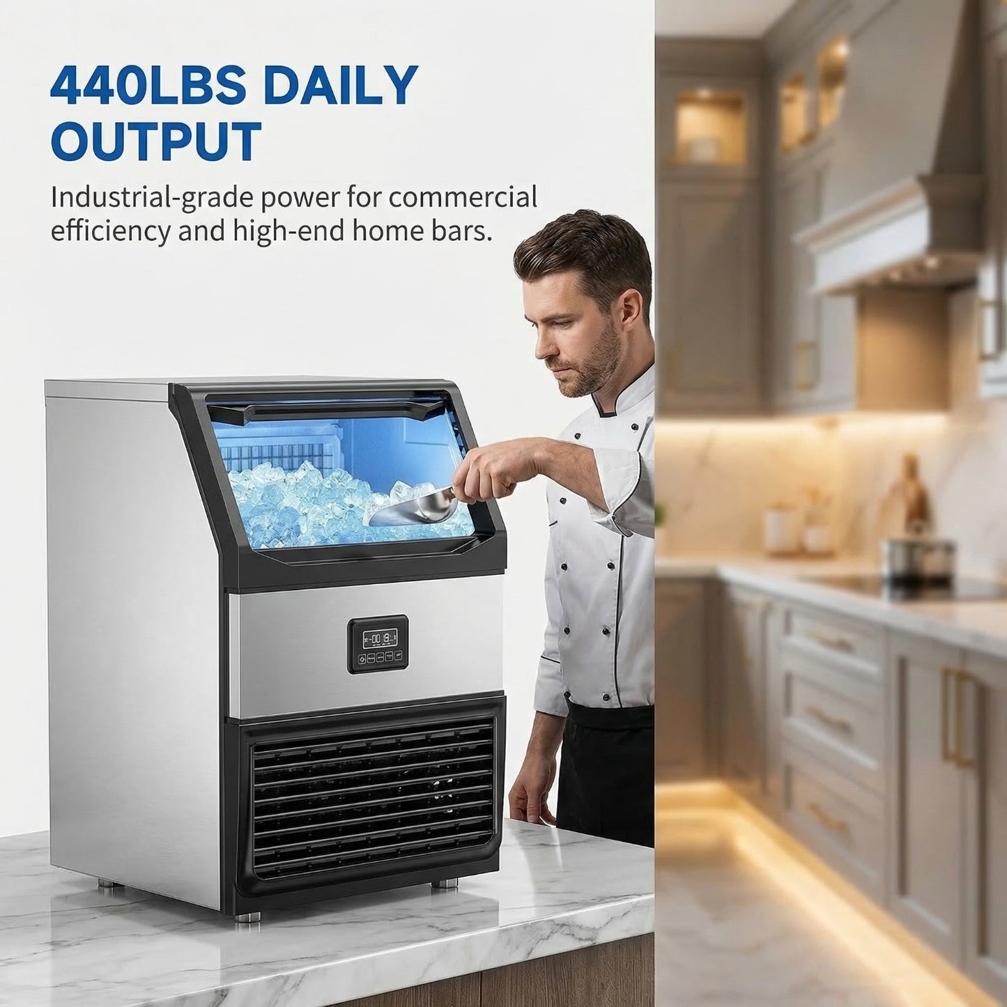 Commercial Ice Maker Machine 440lbs Daily Output, Freestanding Self-Contained Ice Maker with 77lbs Storage Bin, LCD Display Panel with Connection Hoses & Scoop for Home Bar or Office Use