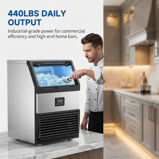 Commercial Ice Maker Machine 440lbs Daily Output, Freestanding Self-Contained Ice Maker with 77lbs Storage Bin, LCD Display Panel with Connection Hoses & Scoop for Home Bar or Office Use