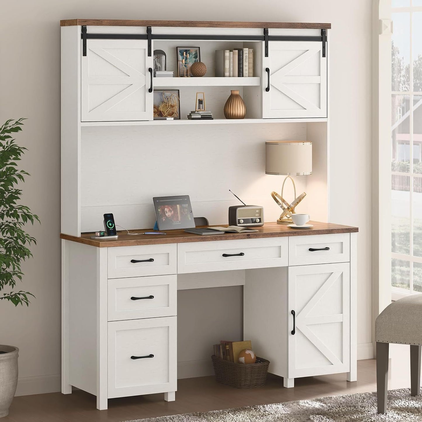 67''H Executive Desk with Storage Cabinet & 5 Drawers Wooden Office Table Computer Desk with Charging Station & Sliding Barn Doors Modern Workspace Office Desk for Home Office & Study, White
