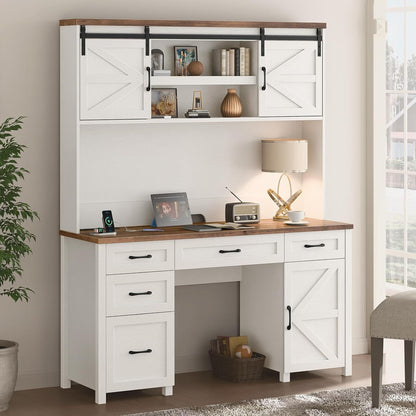 67''H Executive Desk with Storage Cabinet & 5 Drawers Wooden Office Table Computer Desk with Charging Station & Sliding Barn Doors Modern Workspace Office Desk for Home Office & Study, White