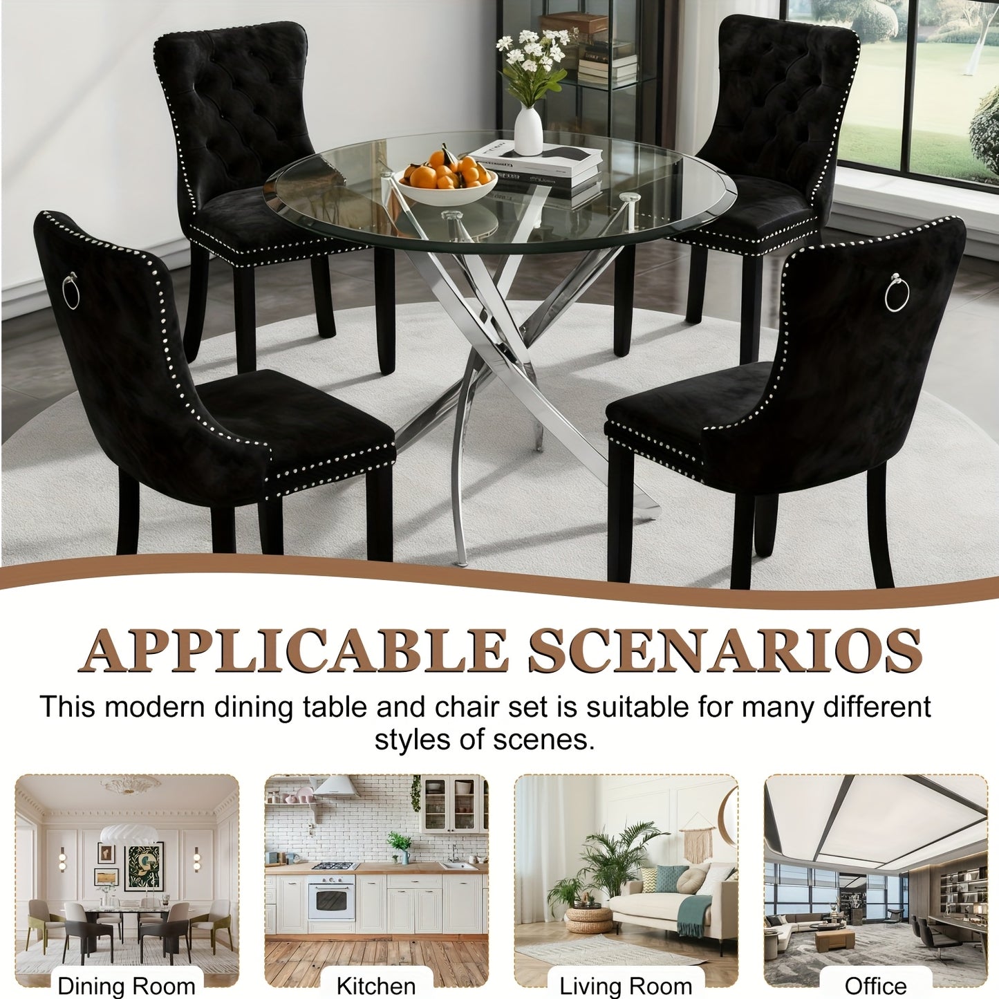 5pcs Modern Dining Table and Chair Set with Tempered Glass Table & Velvet Chairs - -Frame Base, Cushioned Seats Suitable for Kitchen, Dining Room, Small Spaces - Assembly, Contemporary Furniture (Table & 4 Chairs)