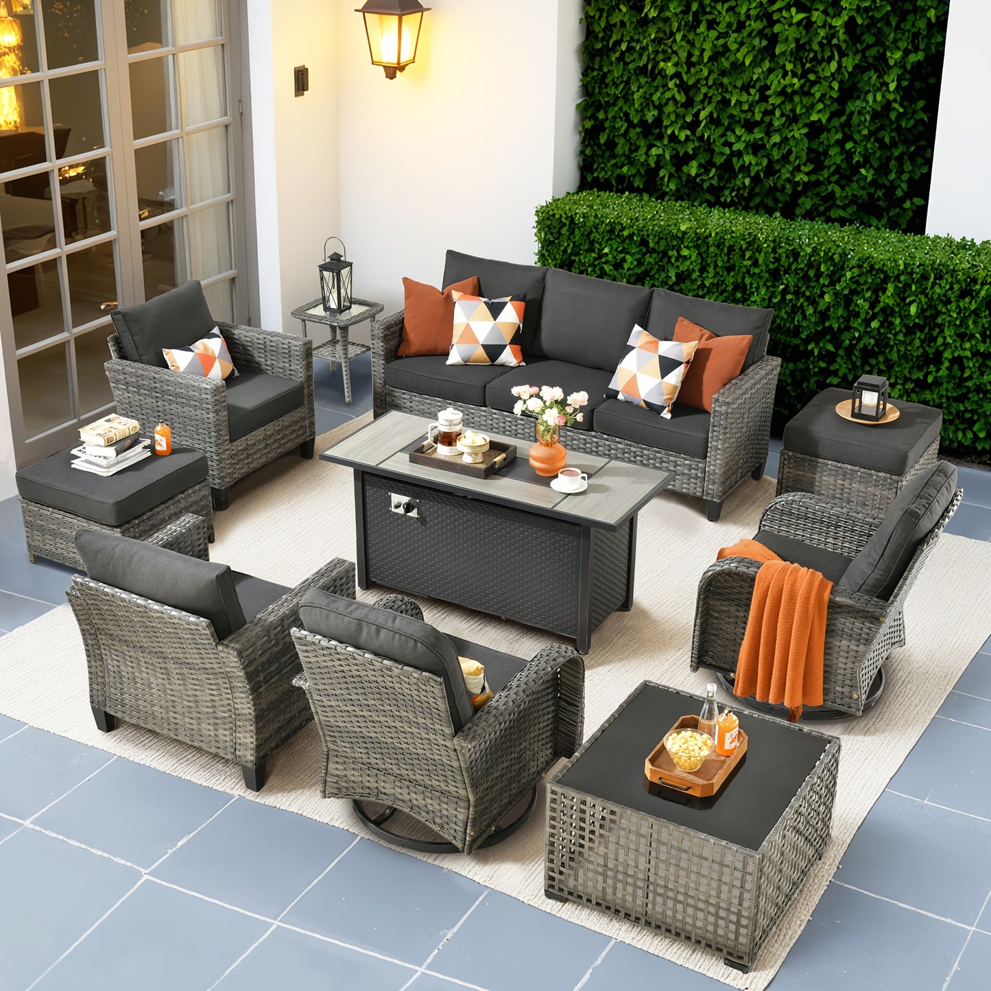 10pcs Outdoor Patio Furniture Sets With 54" Fire Pit Table And Solar Led Light Coffe Table, All-Weather PE Rattan Sectional Sofa Conversation Set With Swivel Rocking Chairs, Outside Modular Couch With Thick Cushions For Backyard, Deck, 7 Seats