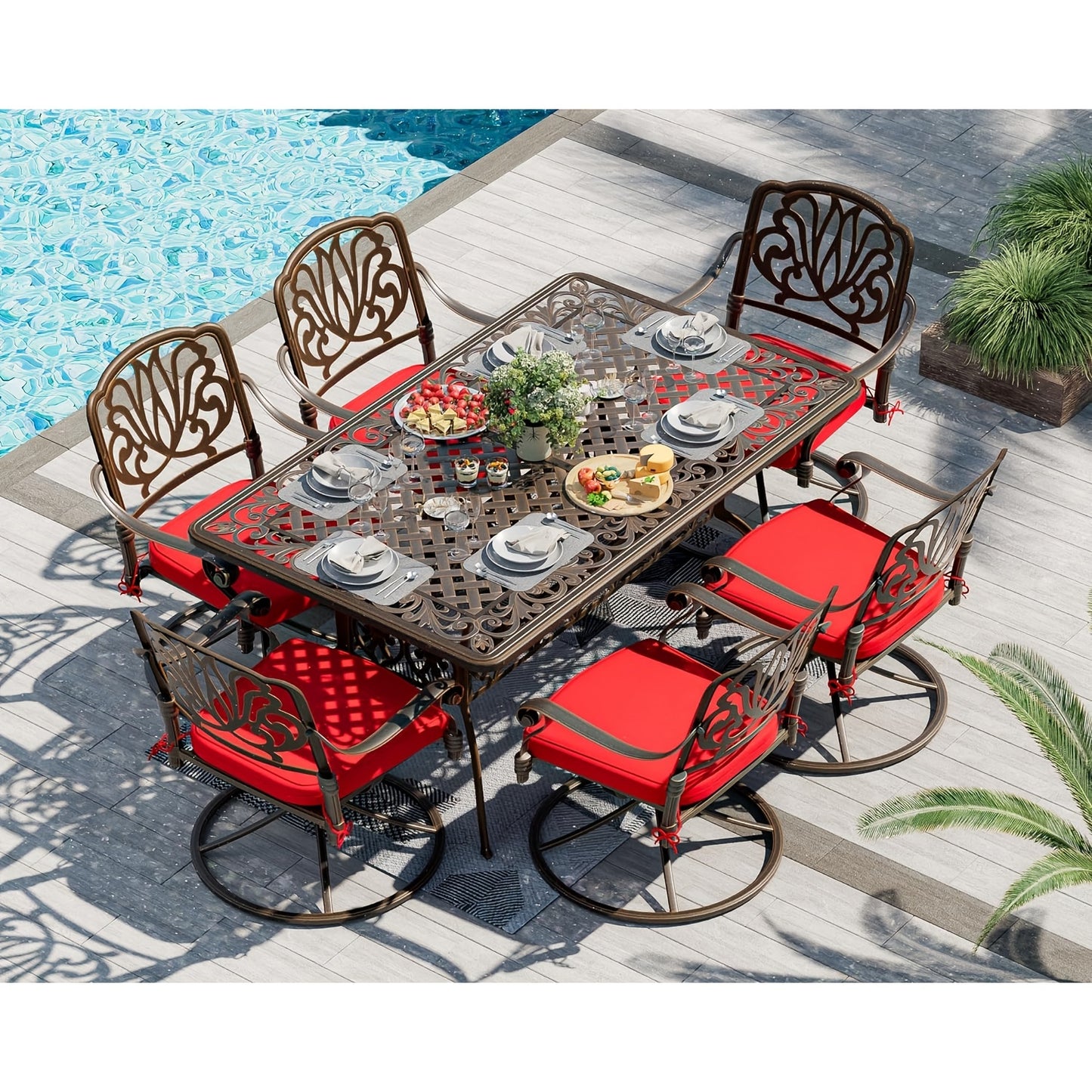 7pcs Heavy-Duty Cast Aluminum Patio Dining Set with Cast-Top Table & Chairs, Red Cushioned Seats & Backs - All-Weather Outdoor Furniture for Backyard, Porch, Poolside - Durable Metal Construction, Elegant Design for Family Gatherings & Entertaining