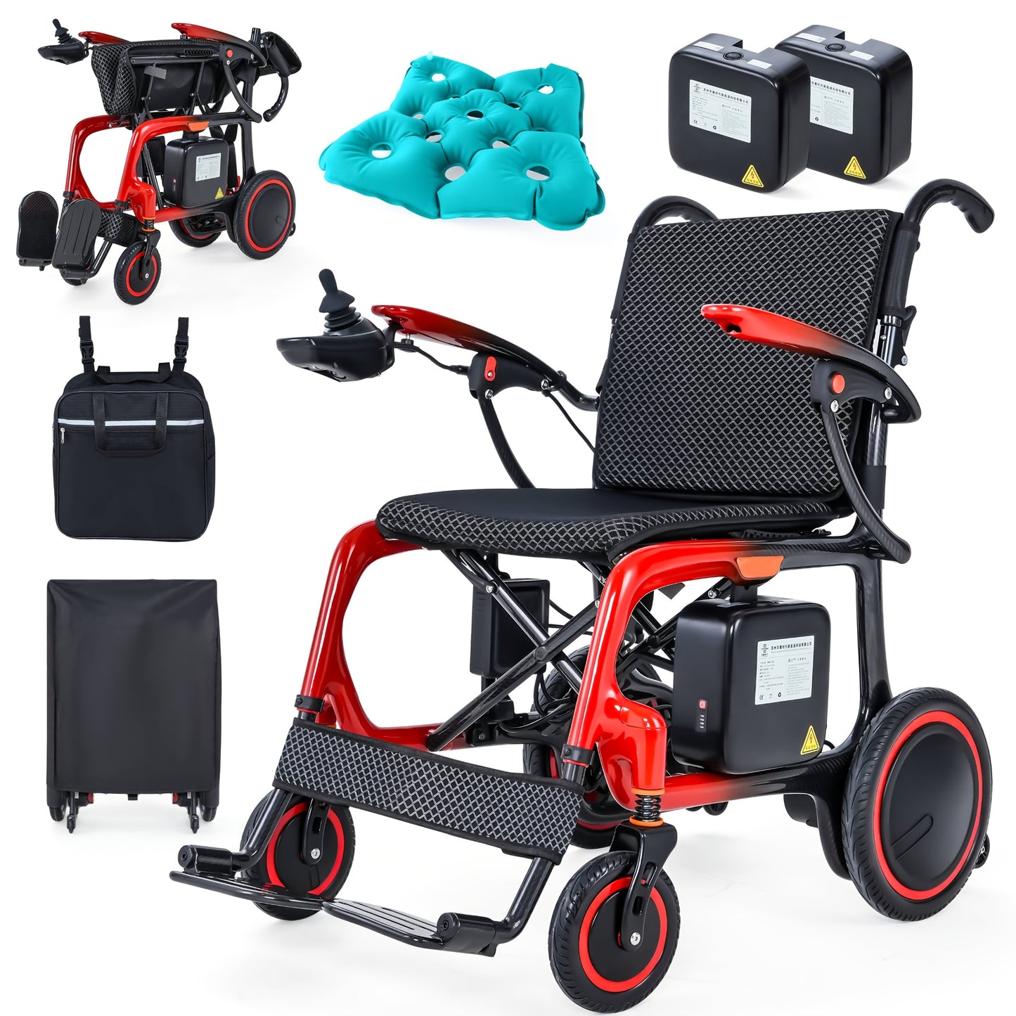 Foldable Carbon Fiber Electric Wheelchair Weighs 30.31 LB, Has a Maximum Load of 264.55 LB, And Comes with a 24AH Battery (2*12), with a Range of 48 Km. It Comes with a Backpack, Dust Cover, And a Double-Layer Thickened Anti-Bedsore Cushion