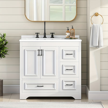 White Bathroom Vanity with Sink, Modern Storage Cabinet with Ceramic Countertop, Drawers And Cabinet, Arc Bottom Design And Metal Glides, Drain Kit Not Included, for Bathroom