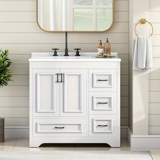 White Bathroom Vanity with Sink, Modern Storage Cabinet with Ceramic Countertop, Drawers And Cabinet, Arc Bottom Design And Metal Glides, Drain Kit Not Included, for Bathroom