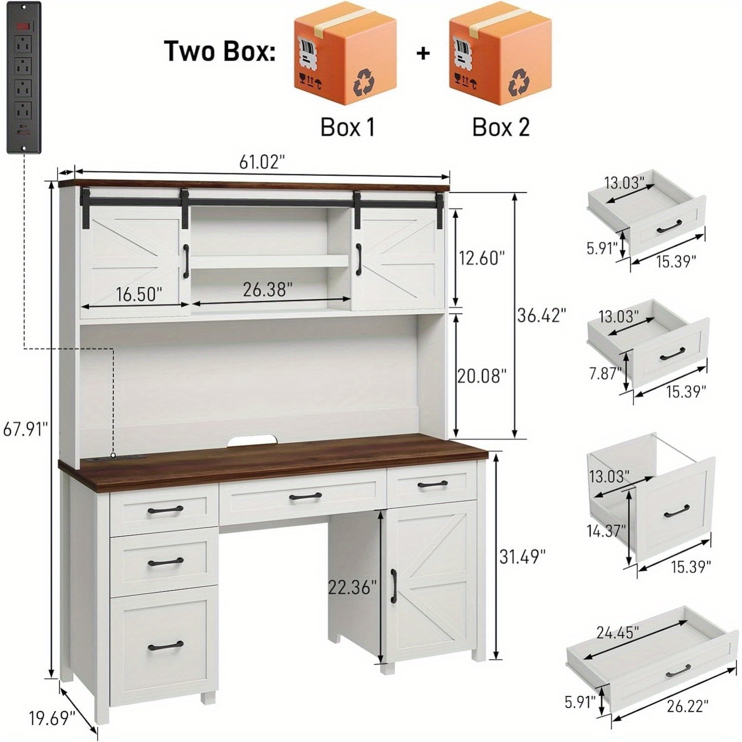 67''H Executive Desk with Storage Cabinet & 5 Drawers Wooden Office Table Computer Desk with Charging Station & Sliding Barn Doors Modern Workspace Office Desk for Home Office & Study, White