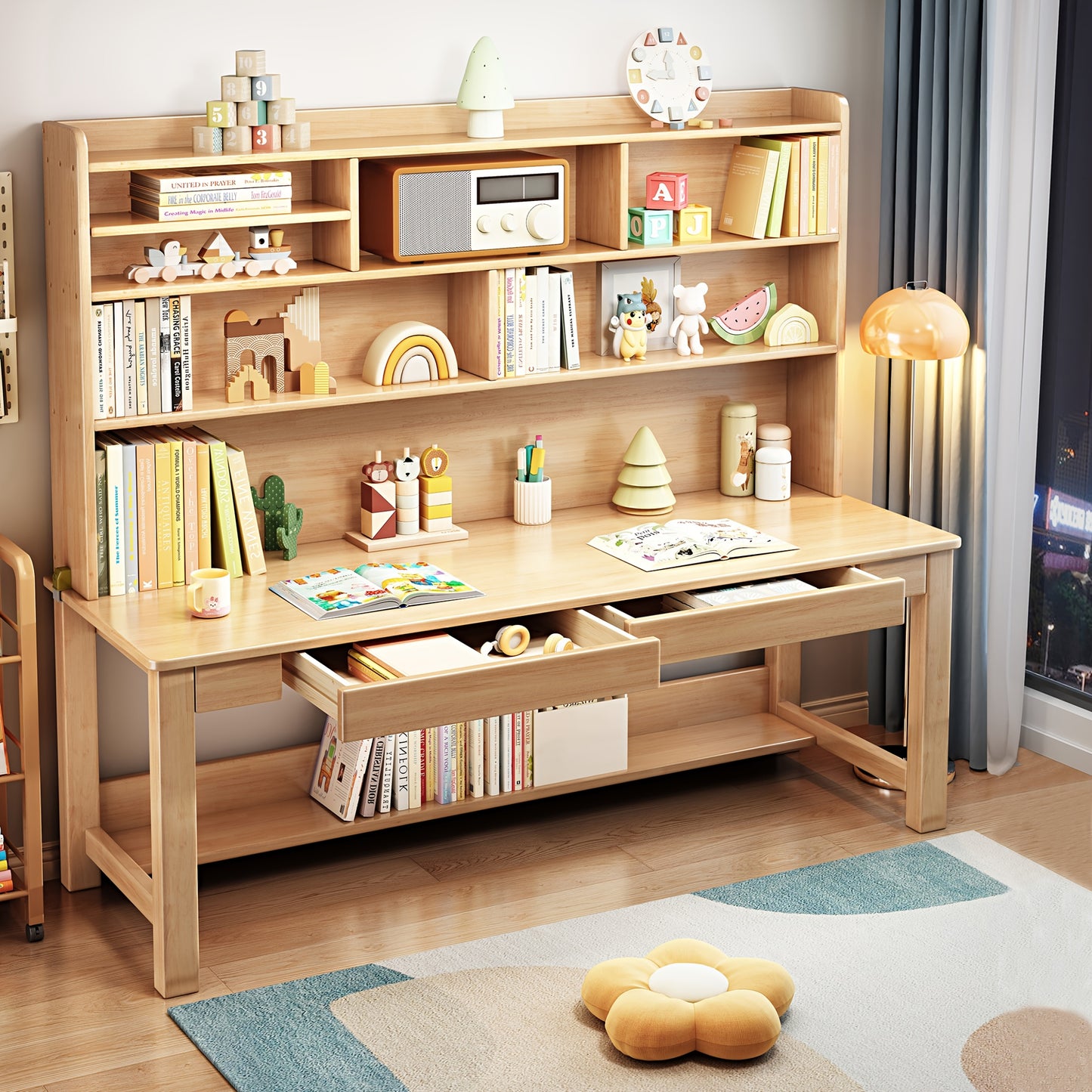 Solid Wood Desk And Cabinet Set with Drawers,Integrated Desk And Bookshelf, Under-desk Storage Rack, And Desk Cabinet. Simple Design,Lightweight, Versatile, Detachable, Suitable for Any Location, No Additional Decorations Required
