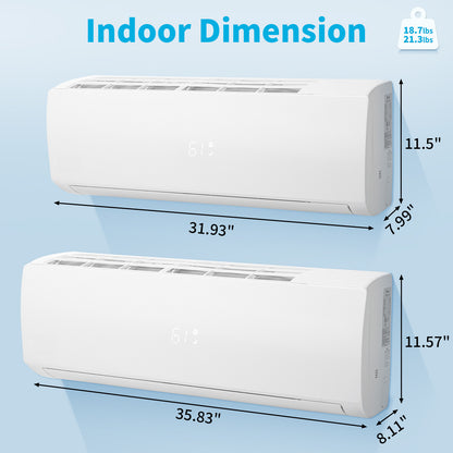 28000 BTU 2-Zone Ductless Mini Split AC/Heat Pump 20 SEER2, Pre-Charged Condenser, 9K+18K BTU Indoor Units, 2x25ft Installation Kits, Ideal for Home,