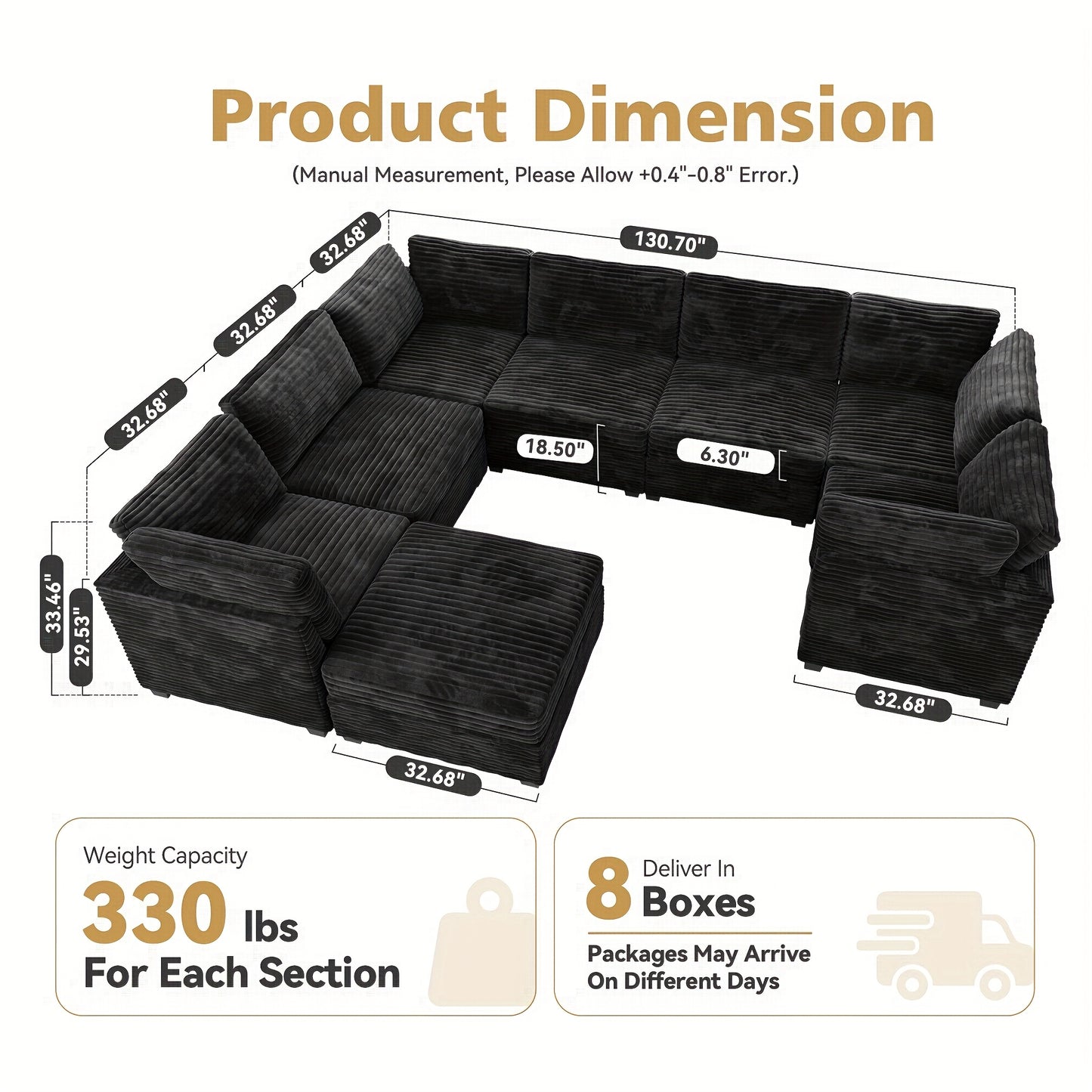 Oversized 130-Inch Plush Cound Sectional Sofa with Ottoman, 8pcs Luxurious U-Shaped Couch for Living Room, Comfortable Deep Seating and Soft Long-Pile Fabric Upholstery for Family and Friends