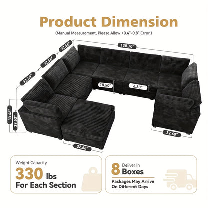Oversized 130-Inch Plush Cound Sectional Sofa with Ottoman, 8pcs Luxurious U-Shaped Couch for Living Room, Comfortable Deep Seating and Soft Long-Pile Fabric Upholstery for Family and Friends