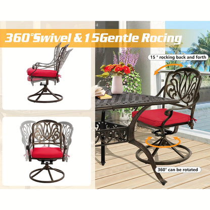 7pcs Heavy-Duty Cast Aluminum Patio Dining Set with Cast-Top Table & Chairs, Red Cushioned Seats & Backs - All-Weather Outdoor Furniture for Backyard, Porch, Poolside - Durable Metal Construction, Elegant Design for Family Gatherings & Entertaining