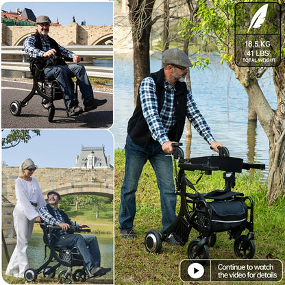 Electric Power Walker with Seat & Transport Wheelchair - Heavy-Duty, Heavy-Duty, Foldable Electric Mobility Aid with Power-Assisted Motion, -Tip Stability, IPX4 - for,, Post-Surgery - Indoor/ Use - /AC Dual-Power System - Lightweight Rollator Walker Combo