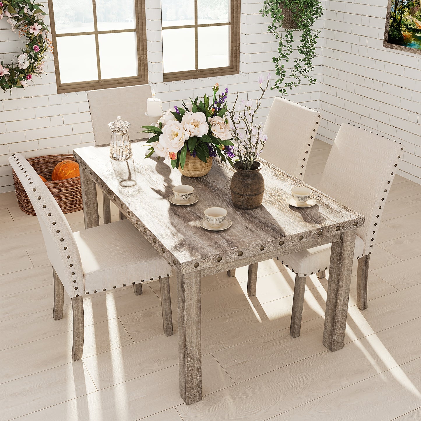 Morden Fort Rustic Dining Table Set, Farmhouse Kitchen Dining Chairs, Charming 60" Rectangular Wooden Table& Upholstered Chair With Nailhead Accents For Dining Hub, Breakfast Nook