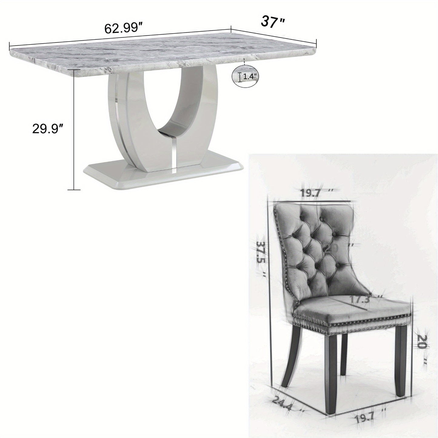 Sumdeal 63" Dining Table with 6 Velvet Dining Chairs, Modern Dining Table for 4-6 People