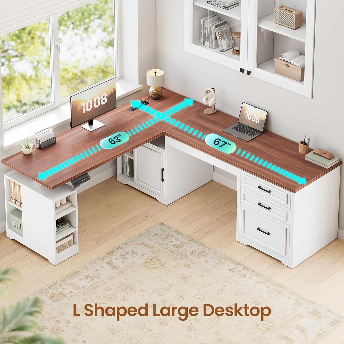 Farmhouse L Shaped Electric Standing Desk | 63" x 67" Height Adjustable, Metal, 3 Drawers and Shelves, Freestanding, Plug Powered
