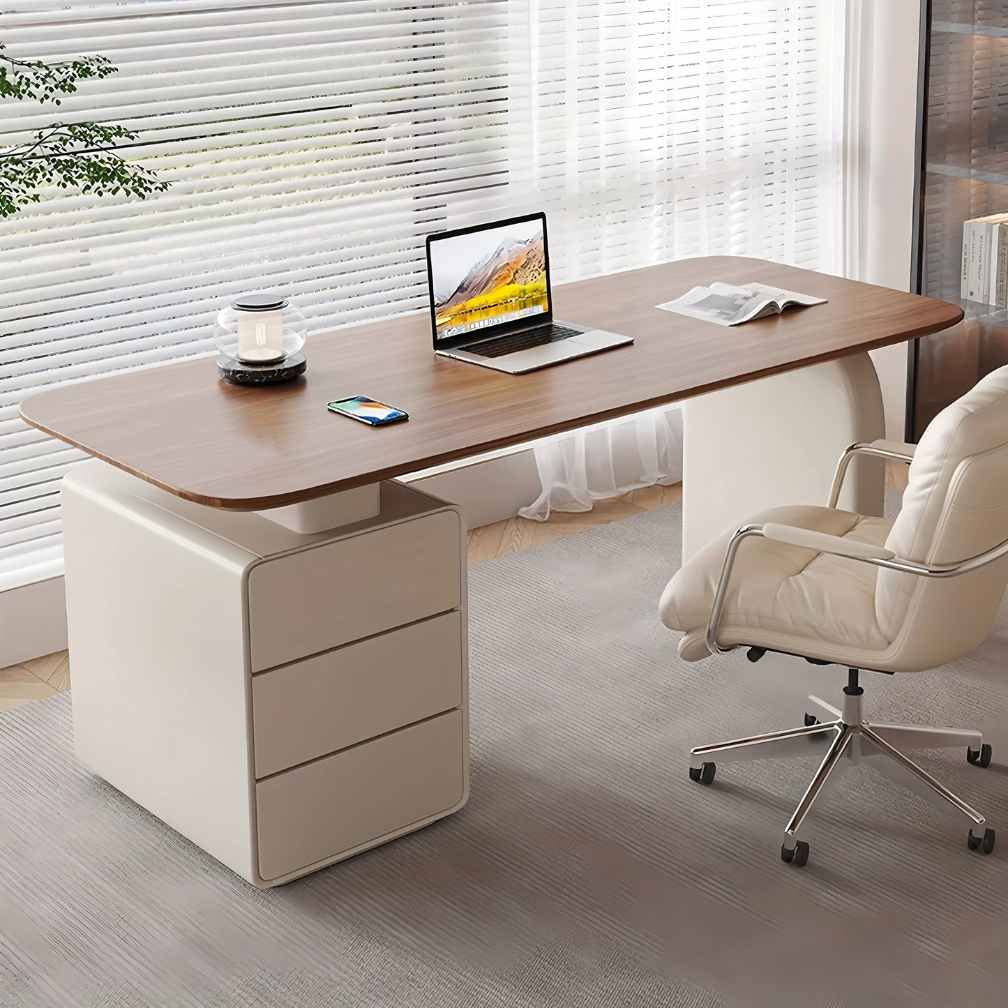 70.86'' Home Office Study Desk With Drawer Storage, Walnut Wood Minimalist Desk, Wide Desktop For Study, Suitable For Bedroom & Study Room