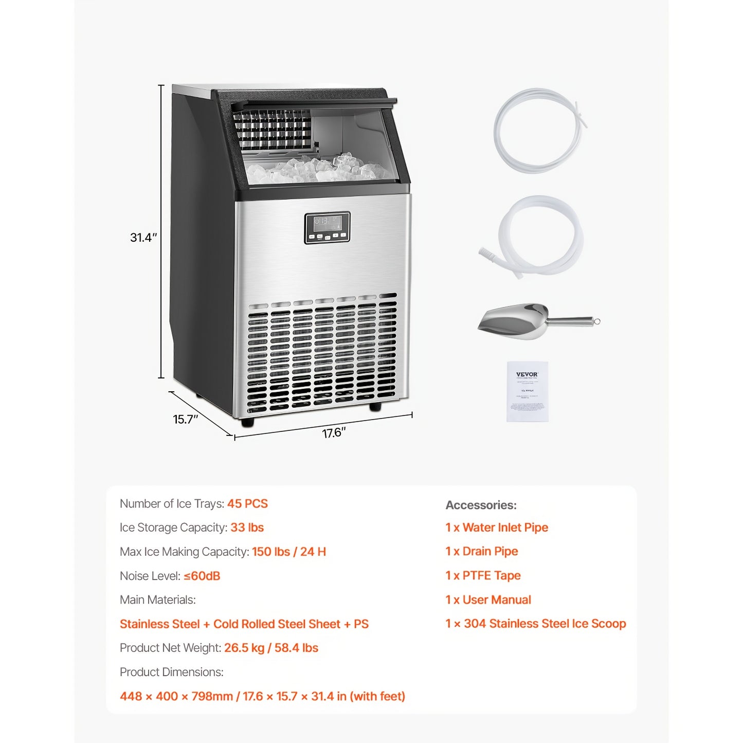 Commercial Ice Maker Machine 70/110/150/440lbs/24H, 33lbs Storage & 45 Cubes/15 Min, Dual Water Inlets, 120V US Plug, LED Display & Self-Cleaning for Bar Restaurant Office