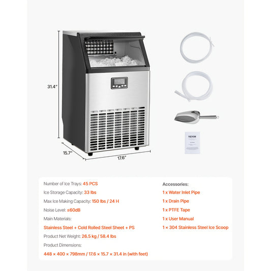 Commercial Ice Maker Machine 70/110/150/440lbs/24H, 33lbs Storage & 45 Cubes/15 Min, Dual Water Inlets, 120V US Plug, LED Display & Self-Cleaning for Bar Restaurant Office