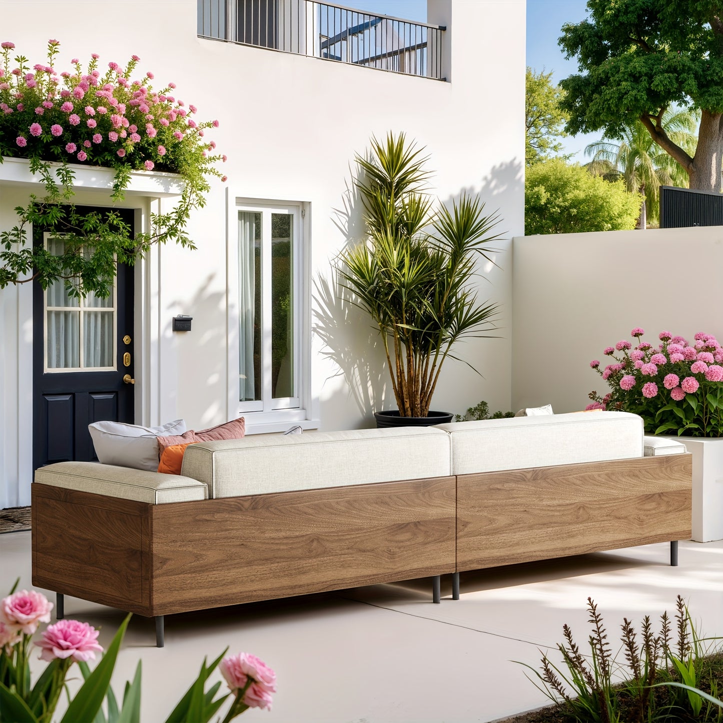 Modern Minimalist Outdoor Sofa, 111.81", Cushioned Linen Fabric, Metal Frame, For Garden And Patio