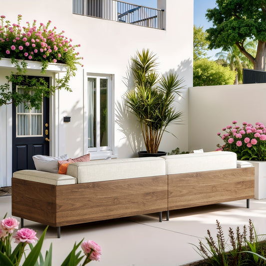 Modern Minimalist Outdoor Sofa, 111.81", Cushioned Linen Fabric, Metal Frame, For Garden And Patio