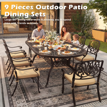 9pcs Cast Aluminum Patio Furniture, Outdoor Dining Sets for 8 Include 87" Oval Patio Dining Table And 8 Chairs with Cushions & Umbrella Hole (Bronze)