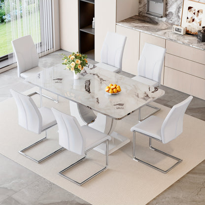 63" Modern Large Luxury Dining Table Set for 6, Kitchen Faux Marble Table Chairs Set Of 6, 63" Rectangle Kitchen Table And 6 PU Leather Upholstered Chairs for Kitchen, Dining Room, Living Room.Easy to Install, Local Warehouse