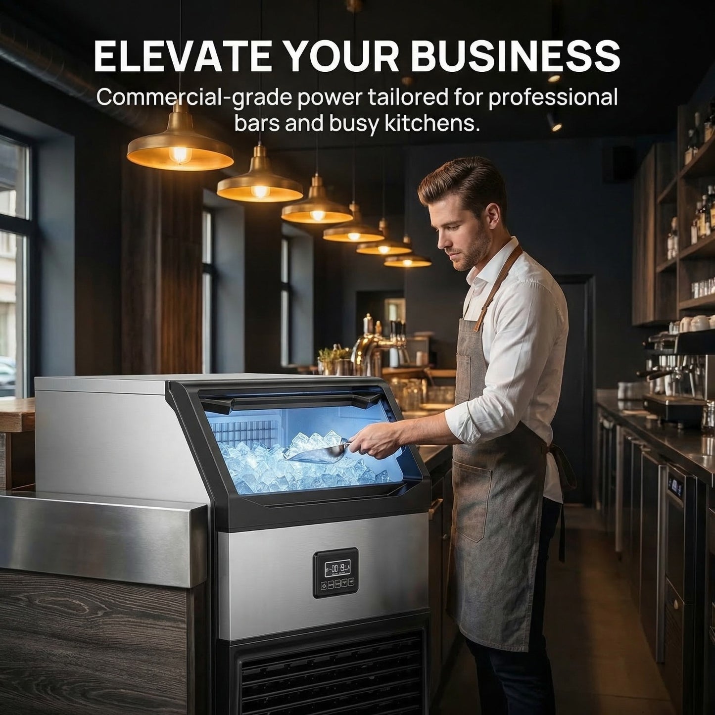 Commercial Ice Maker Machine 440lbs Daily Output, Freestanding Self-Contained Ice Maker with 77lbs Storage Bin, LCD Display Panel with Connection Hoses & Scoop for Home Bar or Office Use